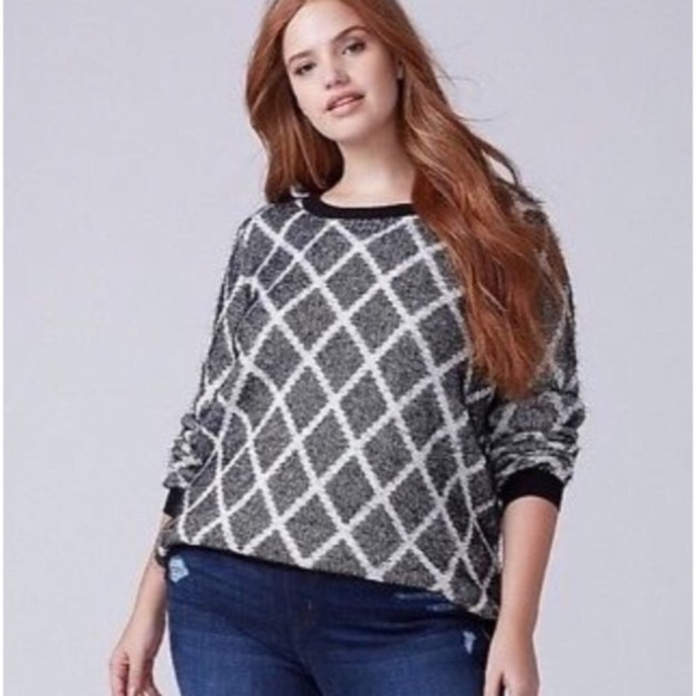 Lane Bryant Pullover Sweater Eyelash knit Diamond Black White Plus 18/20
